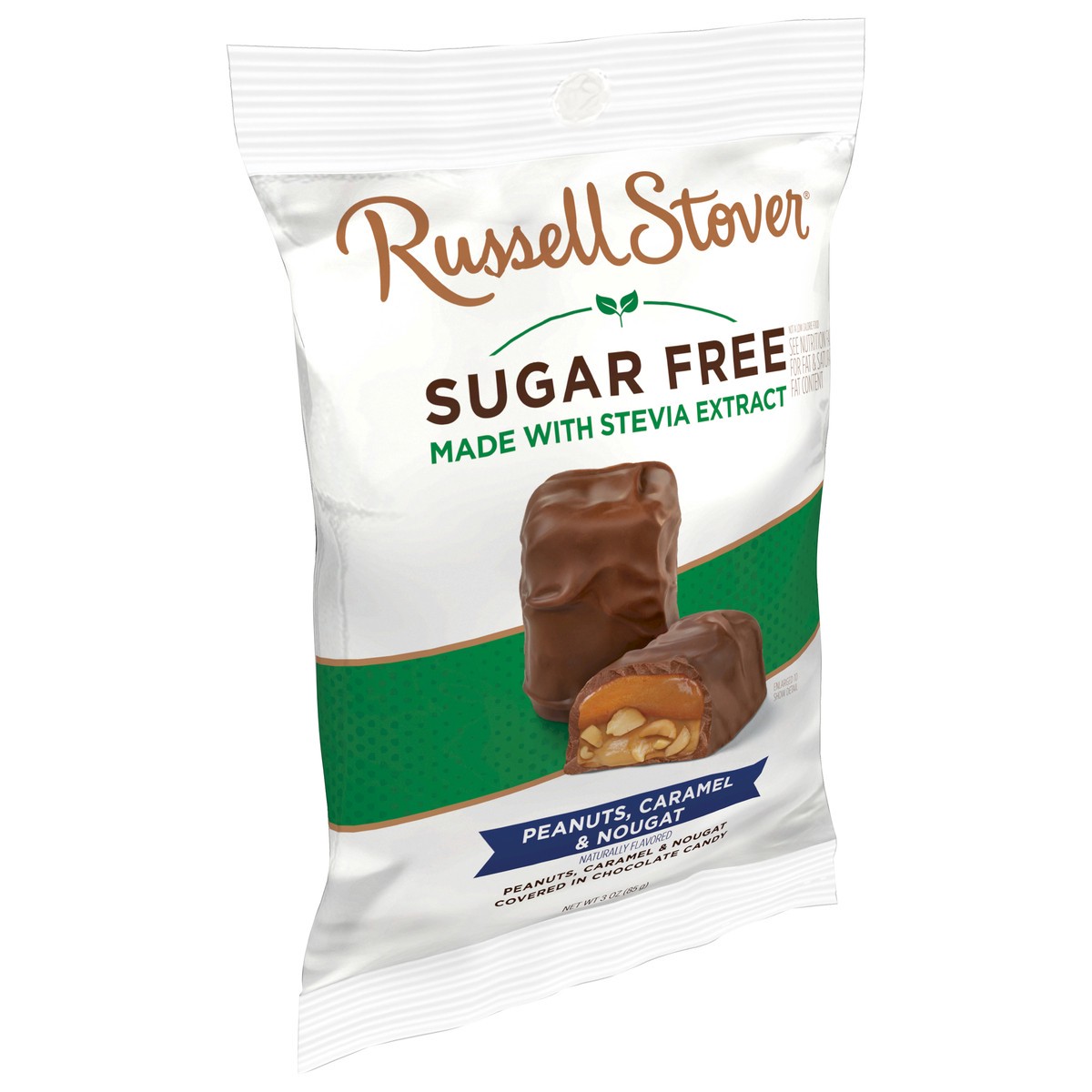 slide 4 of 7, RUSSELL STOVER Sugar Free Peanut, Caramel & Nougat Covered in Chocolate Candy, 3 oz. bag (˜ 5 pieces), 3 oz
