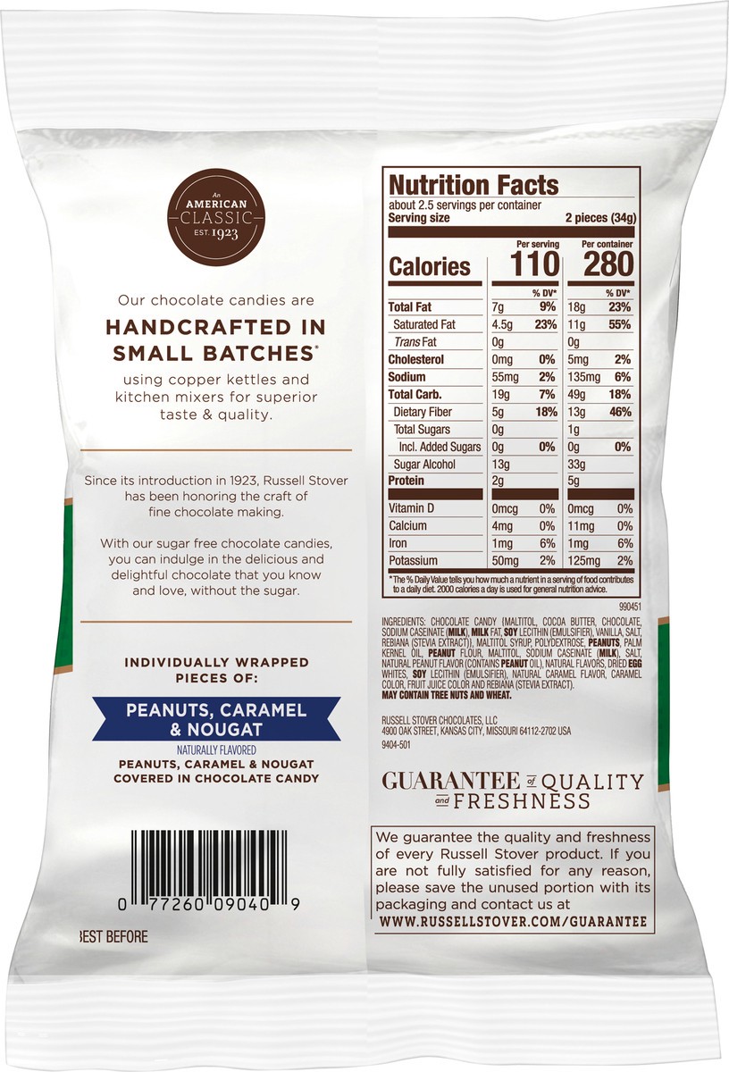 slide 6 of 7, RUSSELL STOVER Sugar Free Peanut, Caramel & Nougat Covered in Chocolate Candy, 3 oz. bag (˜ 5 pieces), 3 oz