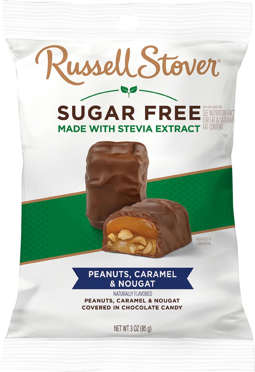 slide 3 of 7, RUSSELL STOVER Sugar Free Peanut, Caramel & Nougat Covered in Chocolate Candy, 3 oz. bag (˜ 5 pieces), 3 oz