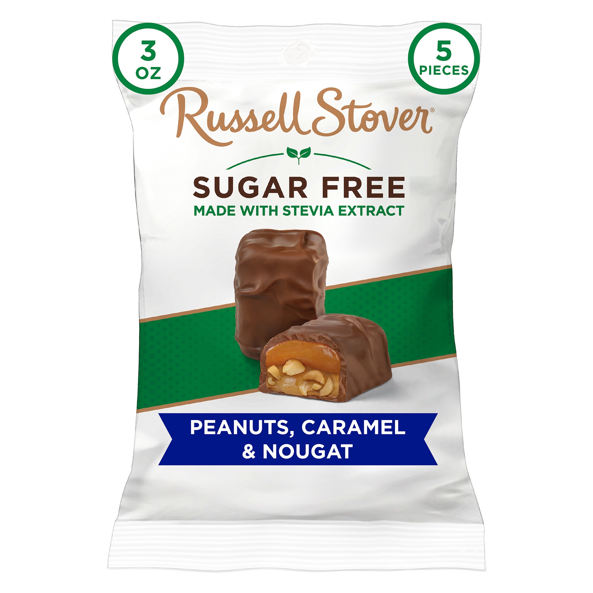 slide 1 of 7, RUSSELL STOVER Sugar Free Peanut, Caramel & Nougat Covered in Chocolate Candy, 3 oz. bag (˜ 5 pieces), 3 oz