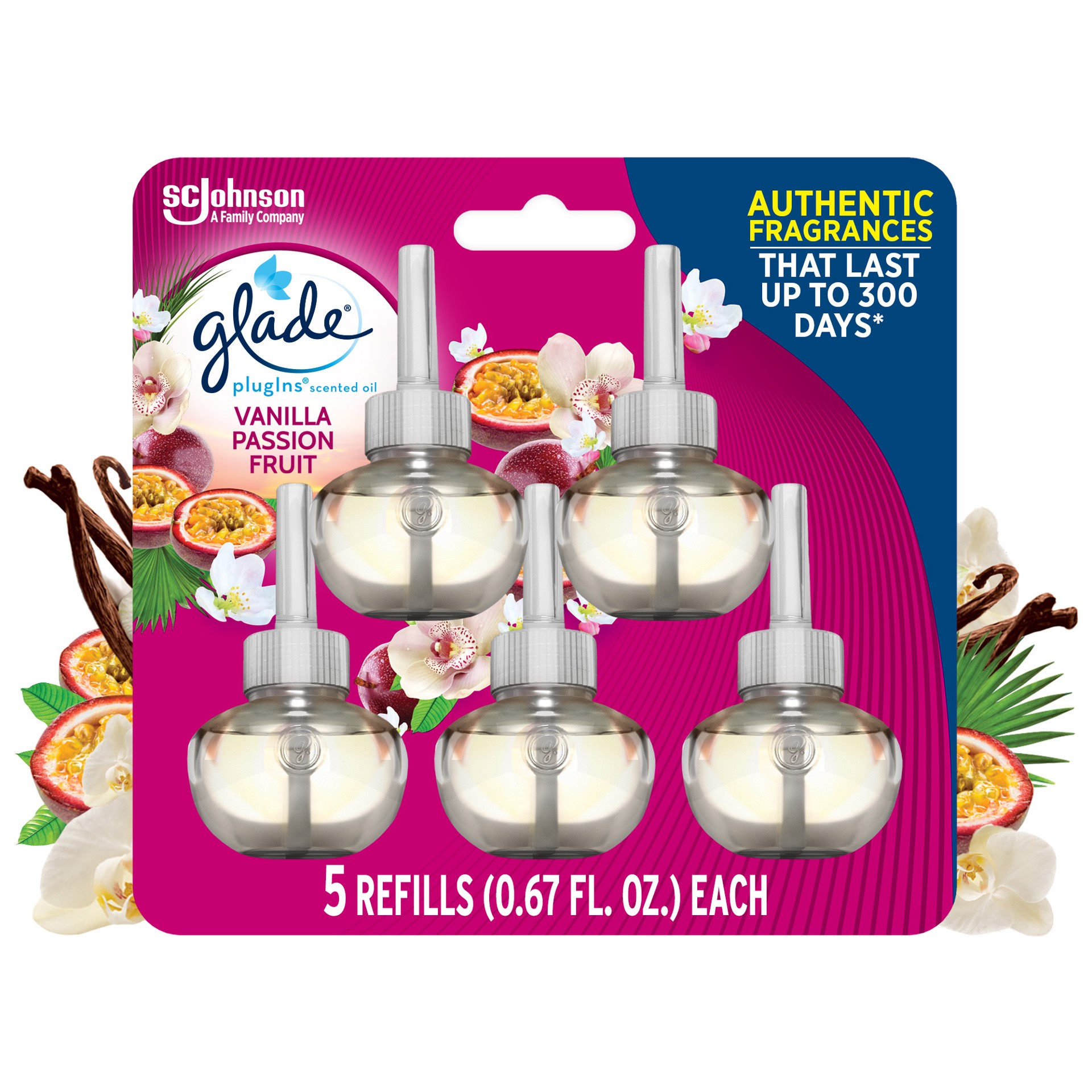 slide 5 of 5, Glade PlugIns Scented Oil Refill Vanilla Passion Fruit, Essential Oil Infused Wall Plug In, 3.35 FL OZ, Pack of 5, 3.35 fl oz