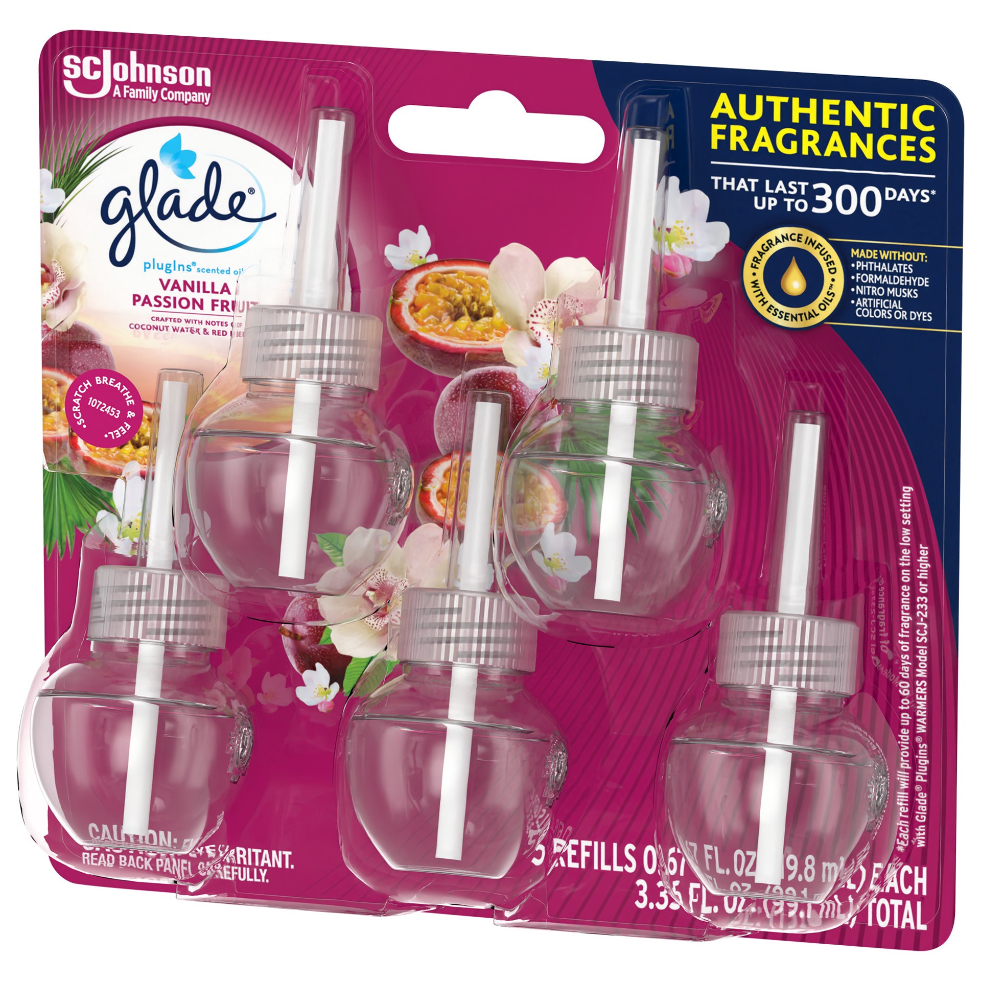 slide 2 of 5, Glade PlugIns Scented Oil Refill Vanilla Passion Fruit, Essential Oil Infused Wall Plug In, 3.35 FL OZ, Pack of 5, 3.35 fl oz