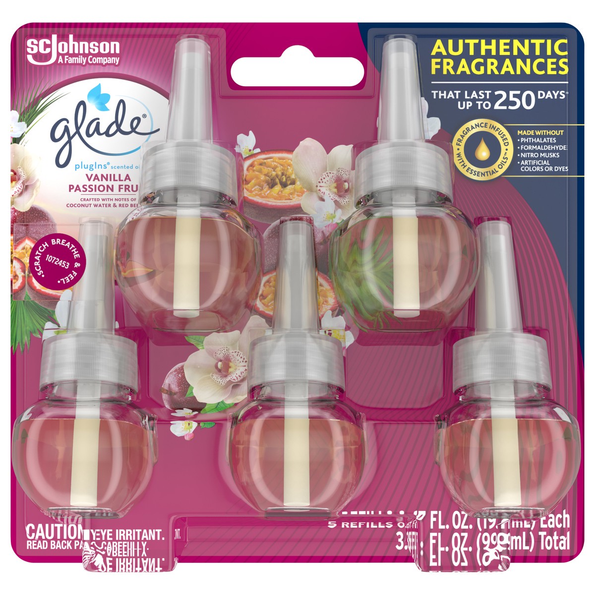 slide 1 of 5, Glade PlugIns Scented Oil Refill Vanilla Passion Fruit, Essential Oil Infused Wall Plug In, 3.35 FL OZ, Pack of 5, 3.35 fl oz