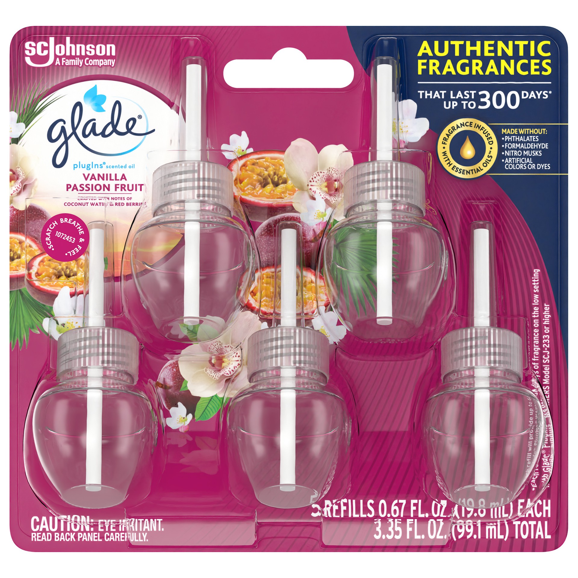 slide 1 of 5, Glade PlugIns Scented Oil Refill Vanilla Passion Fruit, Essential Oil Infused Wall Plug In, 3.35 FL OZ, Pack of 5, 3.35 fl oz