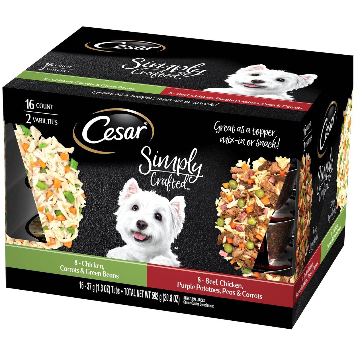 slide 9 of 16, Cesar Simply with Crafted Chicken, Carrots & Green Beans and Beef, Chicken, Purple Potatoes, Peas & Carrots Adult Wet Dog Food - 1.3oz/16ct, 12.7 oz