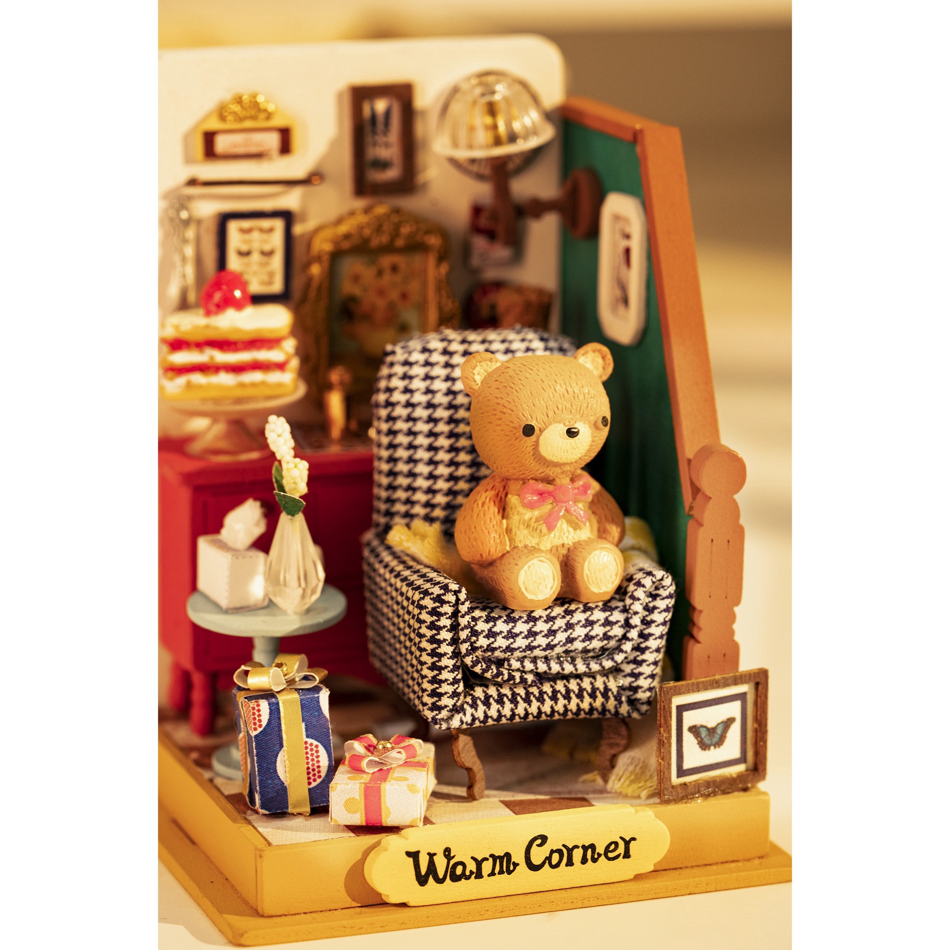 slide 3 of 8, Robotime Rolife Holiday Living Room Diy Miniature Kit, 3.66 in x 2.76 in x 2.76 in