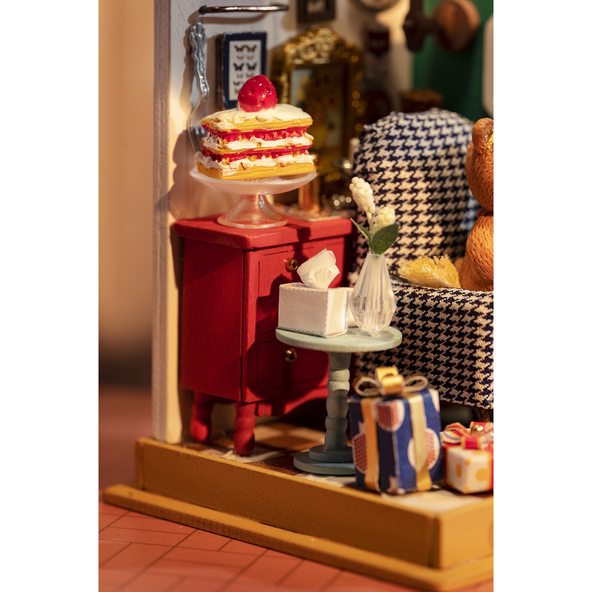 slide 7 of 8, Robotime Rolife Holiday Living Room Diy Miniature Kit, 3.66 in x 2.76 in x 2.76 in