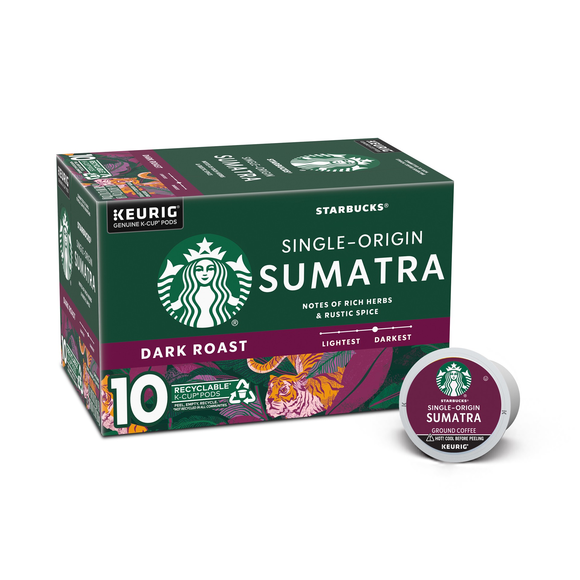 slide 1 of 5, Starbucks K-Cup Coffee Pods, Dark Roast Coffee, Sumatra, 100% Arabica, 1 box (10 pods), 10 ct