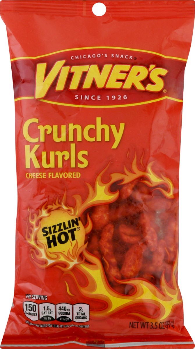 slide 8 of 8, Vitner's Vitners Crunchy Kurls, Cheese Flavored, Sizzlin' Hot, 3.5 oz