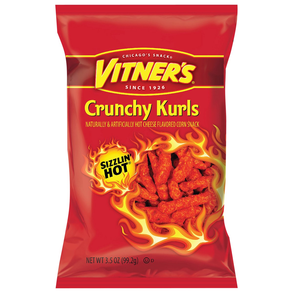 slide 1 of 8, Vitner's Vitners Crunchy Kurls, Cheese Flavored, Sizzlin' Hot, 3.5 oz