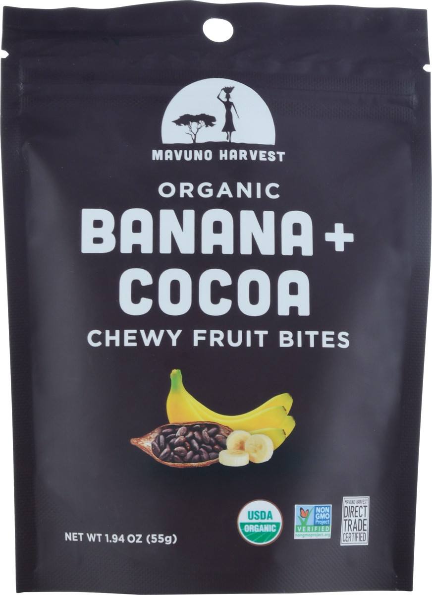 slide 1 of 9, Mavuno Harvest Organic Banana + Cocoa Chewy Fruit Bites 1.94 oz, 1.94 oz