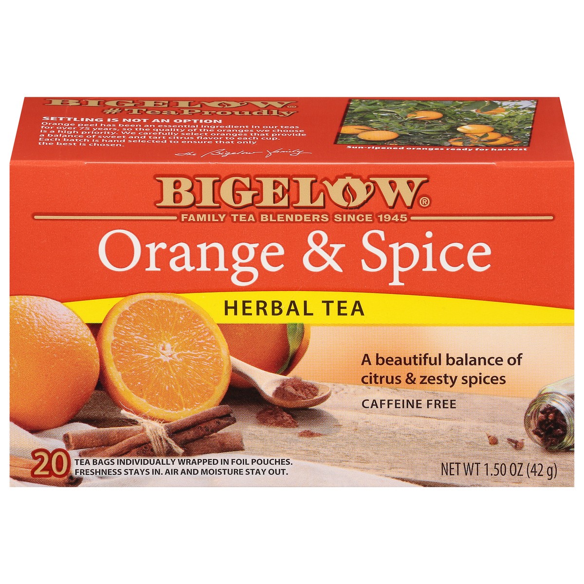 slide 1 of 11, Bigelow Herbal Tea, Orange & Spice, Caffeine Free, Tea Bags, 20 ct