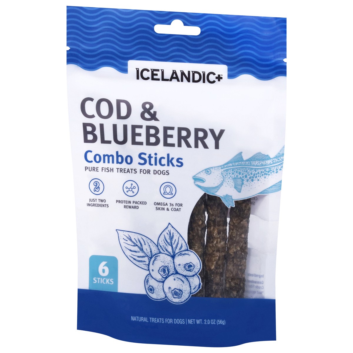slide 3 of 4, Icelandic+ Natural Combo Sticks Cod & Blueberry Treats for Dogs 6 Sticks, 6 ct