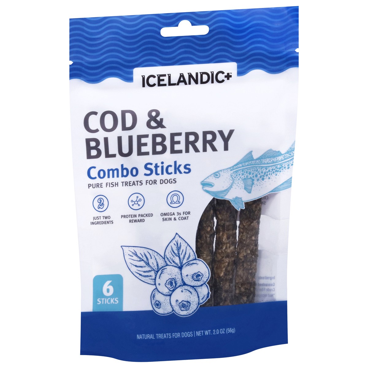 slide 2 of 4, Icelandic+ Natural Combo Sticks Cod & Blueberry Treats for Dogs 6 Sticks, 6 ct