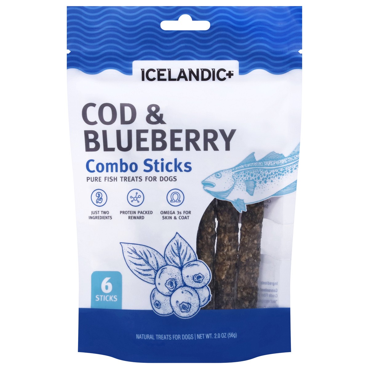 slide 1 of 4, Icelandic+ Natural Combo Sticks Cod & Blueberry Treats for Dogs 6 Sticks, 6 ct
