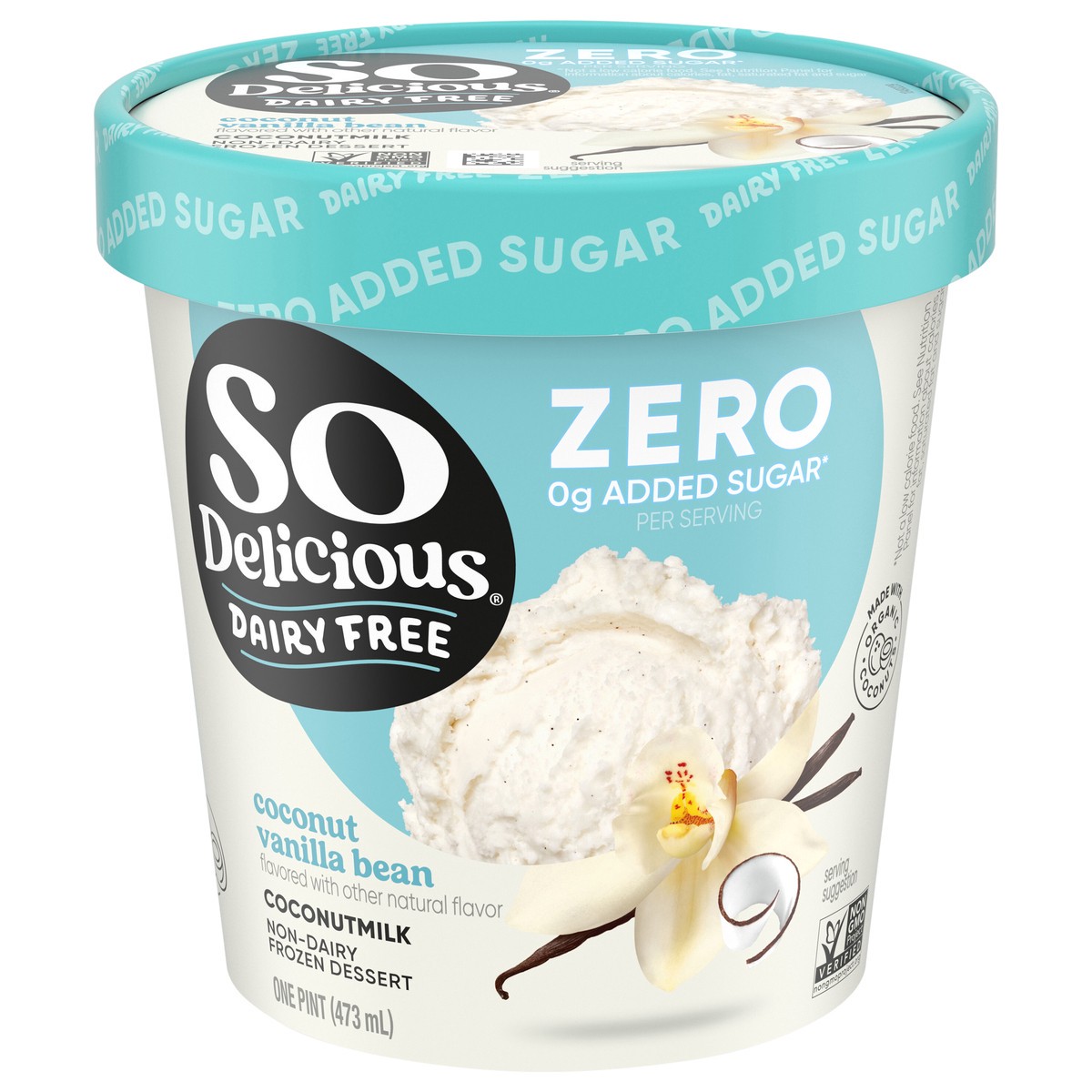 slide 1 of 14, So Delicious ZERO Added Sugar Coconut Milk Frozen Dessert, Coconut Vanilla Bean, Dairy Free, Vegan, Non-GMO, Kosher, 1 Pint Container, 1 pint