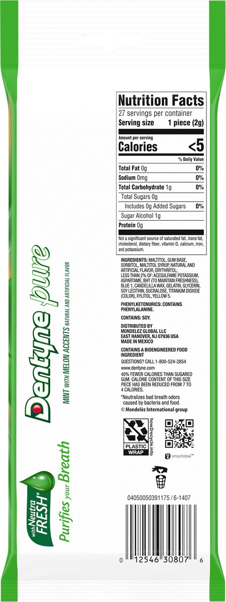 slide 9 of 14, Dentyne Pure Mint with Melon Accents Sugar Free Gum, 3 Packs of 9 Pieces (27 Total Pieces), 0.12 lb