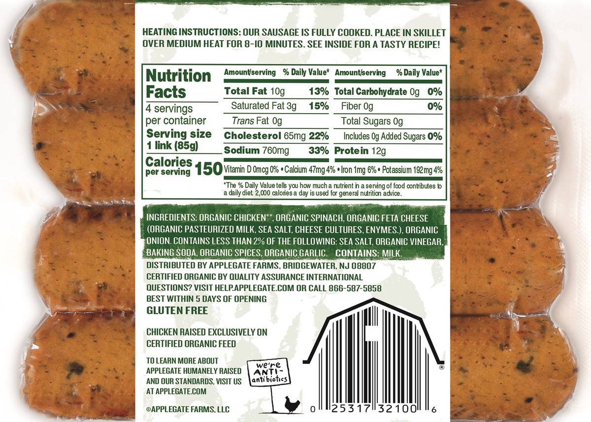 slide 3 of 7, Applegate Organics Mild Spinach & Feta Chicken Sausage, 12 oz