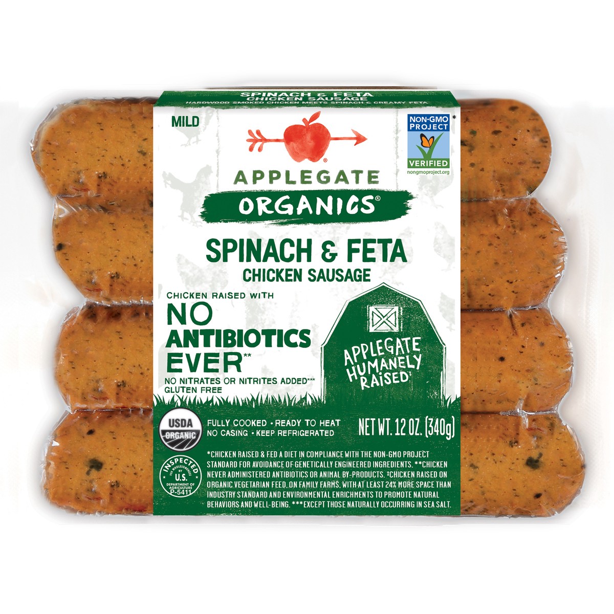 slide 5 of 7, Applegate Organics Mild Spinach & Feta Chicken Sausage, 12 oz