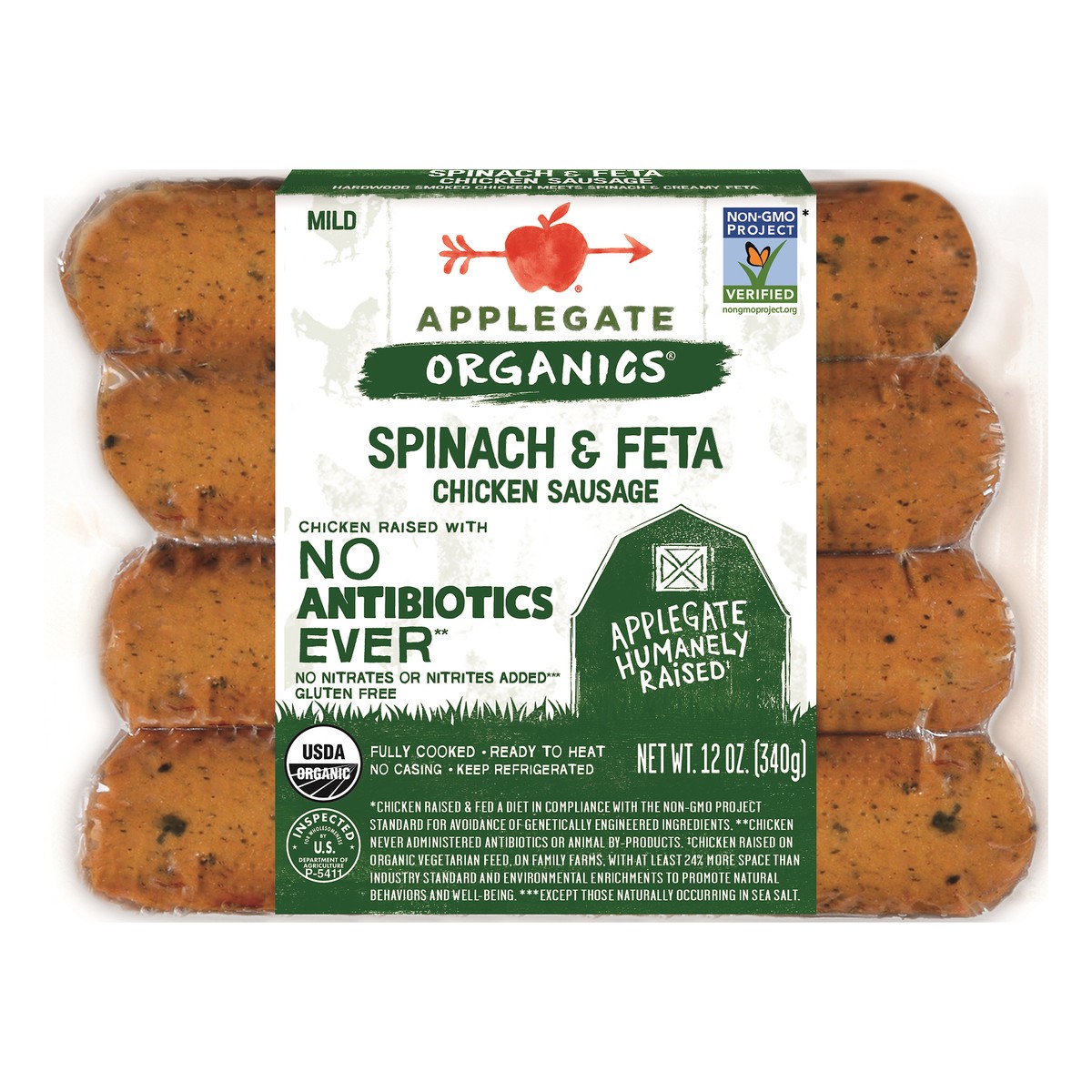 slide 1 of 7, Applegate Organics Mild Spinach & Feta Chicken Sausage, 12 oz