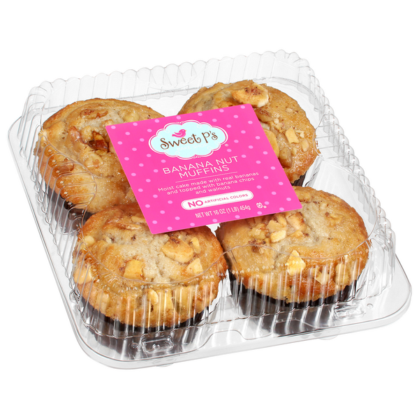 slide 1 of 1, Sweet P's Bake Shop Sweet P's Bake Shop Muffins, Banana Nut 4Ct, 16 oz