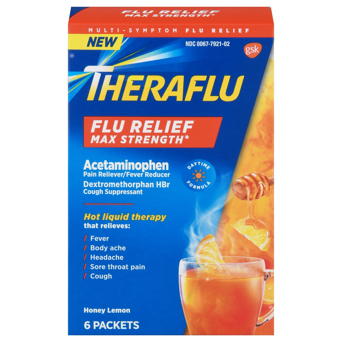 slide 12 of 13, Theraflu Max Strength Daytime Flu Medicine for Flu Symptom Relief with Acetaminophen and Dextromethorphan HBr, Honey Lemon Flavored - 6 Powder Packets, 6 ct