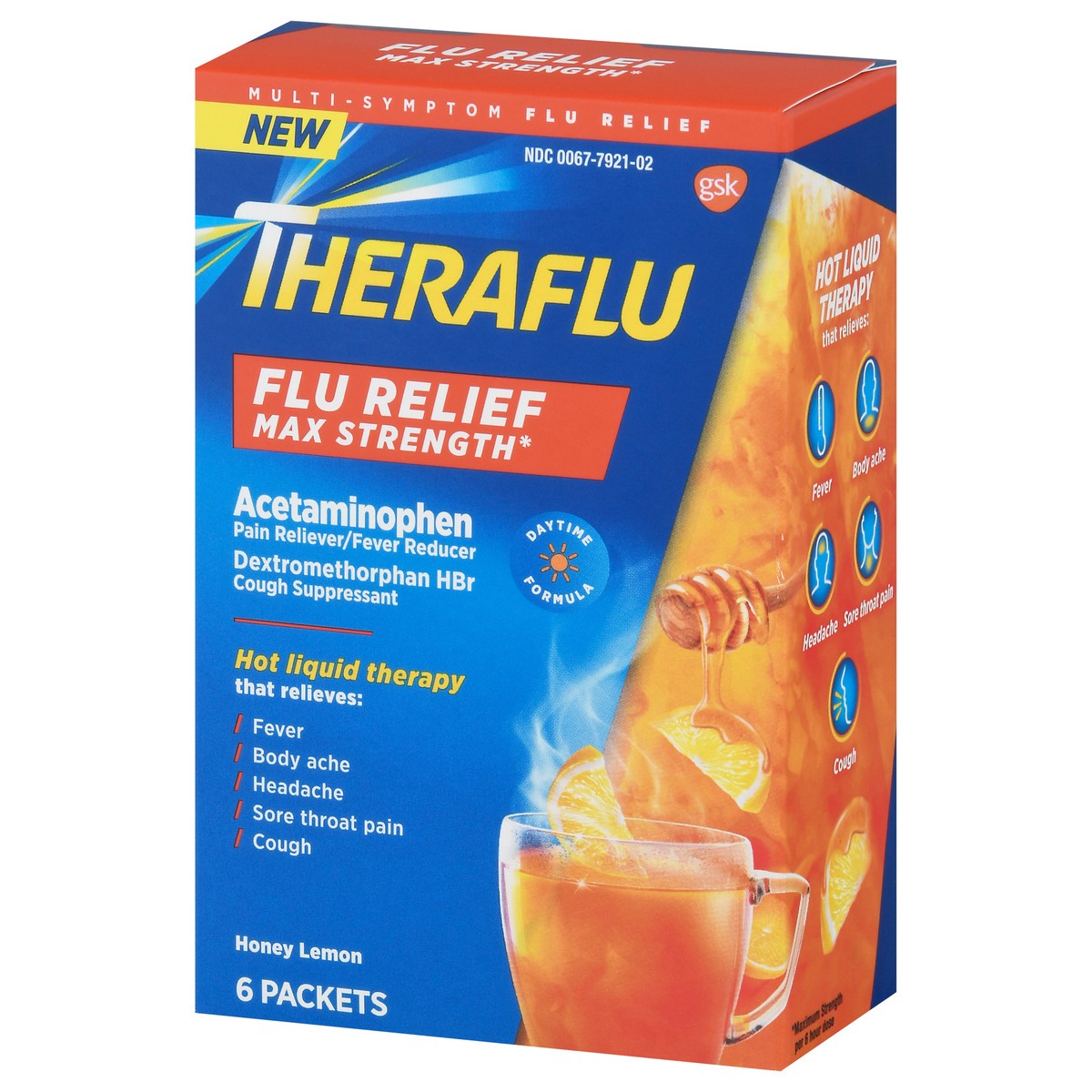 slide 7 of 13, Theraflu Max Strength Daytime Flu Medicine for Flu Symptom Relief with Acetaminophen and Dextromethorphan HBr, Honey Lemon Flavored - 6 Powder Packets, 6 ct