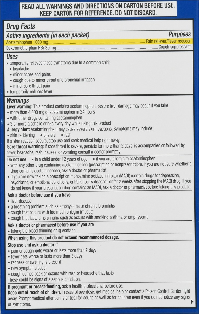 slide 8 of 13, Theraflu Max Strength Daytime Flu Medicine for Flu Symptom Relief with Acetaminophen and Dextromethorphan HBr, Honey Lemon Flavored - 6 Powder Packets, 6 ct