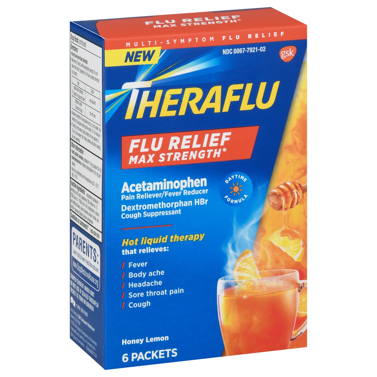 slide 10 of 13, Theraflu Max Strength Daytime Flu Medicine for Flu Symptom Relief with Acetaminophen and Dextromethorphan HBr, Honey Lemon Flavored - 6 Powder Packets, 6 ct