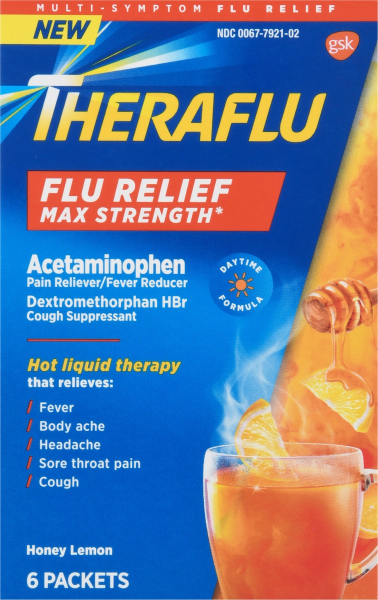 slide 4 of 13, Theraflu Max Strength Daytime Flu Medicine for Flu Symptom Relief with Acetaminophen and Dextromethorphan HBr, Honey Lemon Flavored - 6 Powder Packets, 6 ct