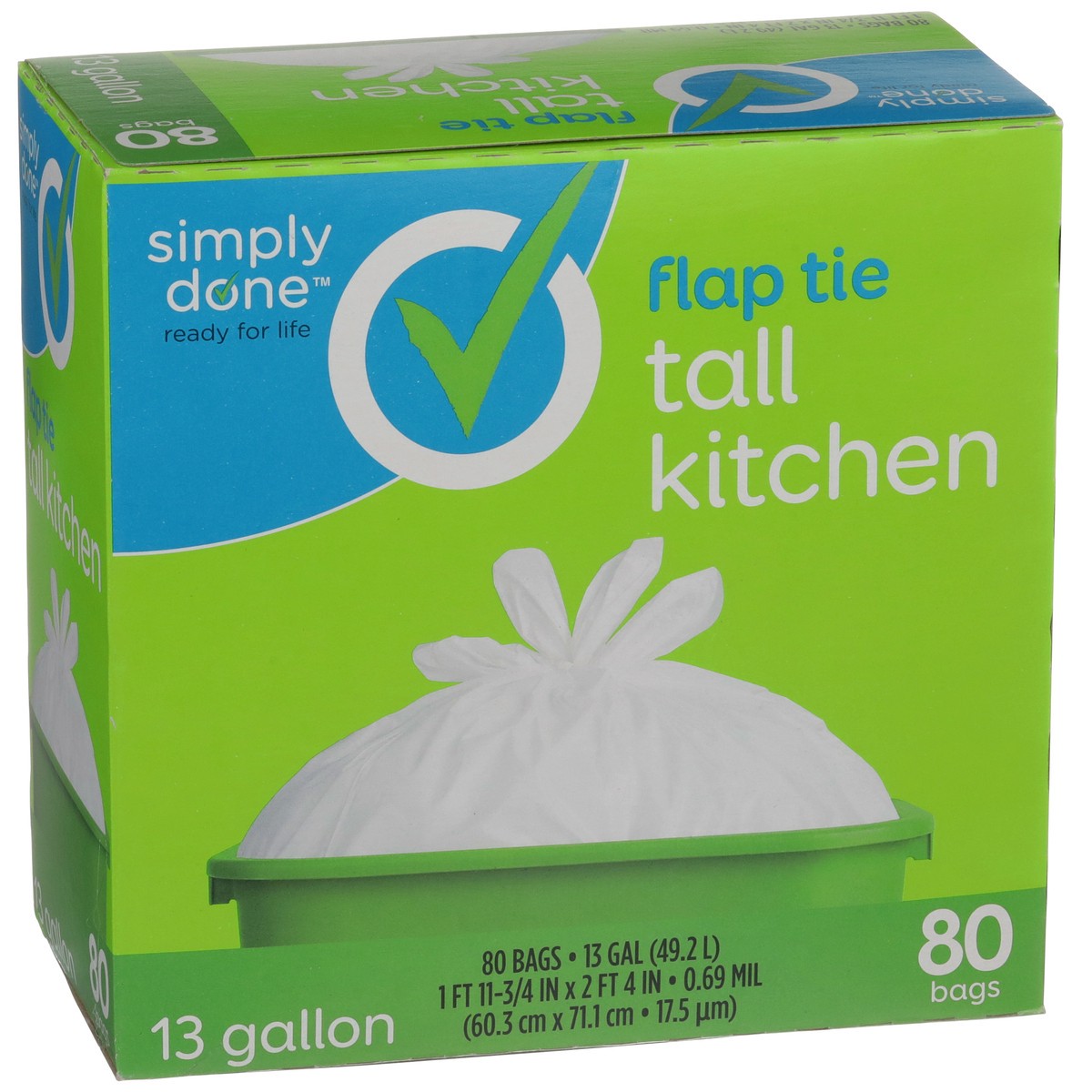 slide 5 of 8, Simply Done Flap Tie Tall Kitchen Bags 13 Gallon, 80 ct