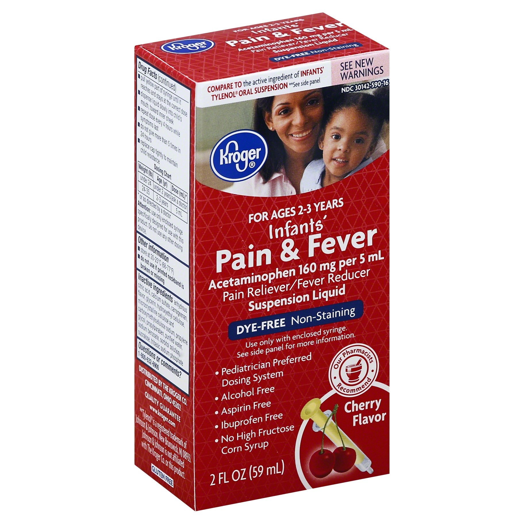 slide 1 of 1, Kroger Infants' Dye-Free Pain & Fever Cherry Suspension Liquid, 2 fl oz