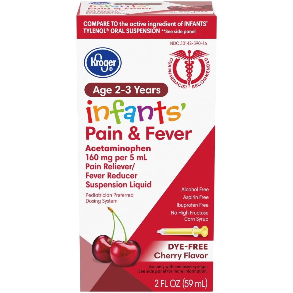 slide 1 of 4, Kroger Infants' Cherry Dye-Free Pain Reliever & Fever Reducer Suspension Liquid 160Mg, 2 fl oz