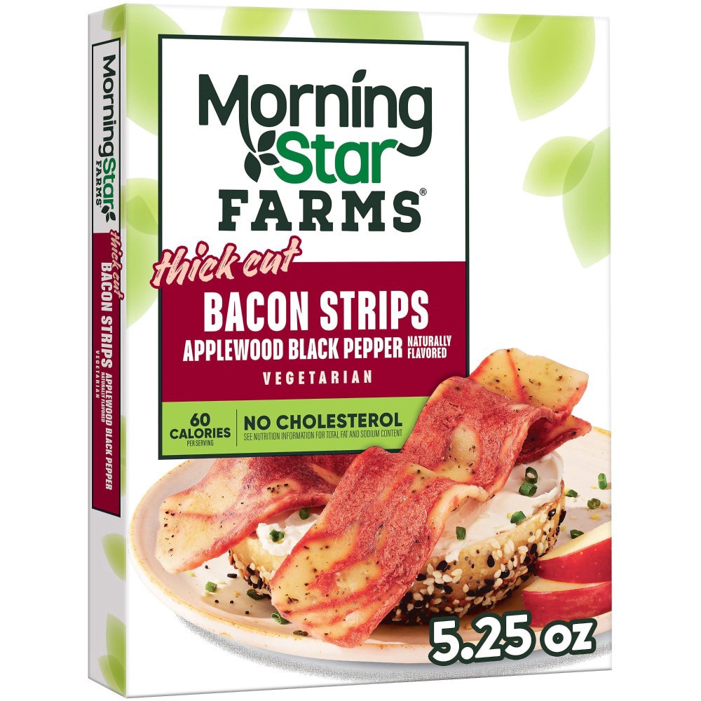 slide 1 of 6, MorningStar Farms Meatless Thick Cut Bacon Strips, Vegetarian Meat, Applewood Black Pepper, 5.25oz, 5.25 oz