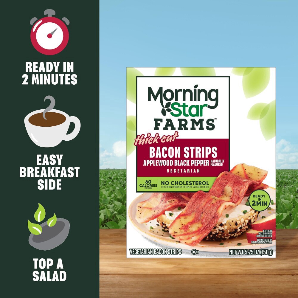 slide 3 of 6, MorningStar Farms Meatless Thick Cut Bacon Strips, Vegetarian Meat, Applewood Black Pepper, 5.25oz, 5.25 oz