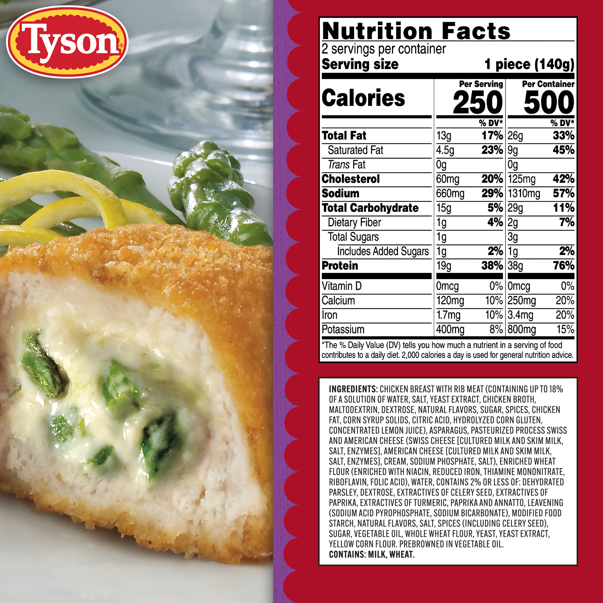 slide 4 of 10, Tyson Frozen Stuffed Chicken Breasts Asparagus Cheese, 2 Count, 2 ct