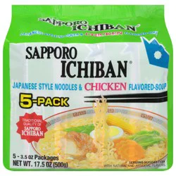 Sapporo Ichiban Japanese Style Chicken Flavored Noodles & Soup - 5 x 3.5 oz Packages