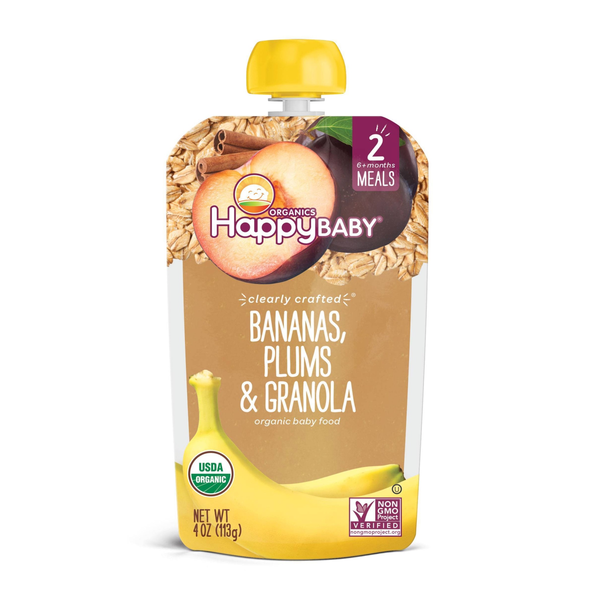 slide 1 of 2, Happy Baby Organic Banana, Plums & Granola Baby Food Pouch, 4 oz