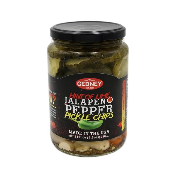 slide 1 of 1, Gedney Hint Of Lime Jalapeno Pepper Pickle Chips, 24 fl oz