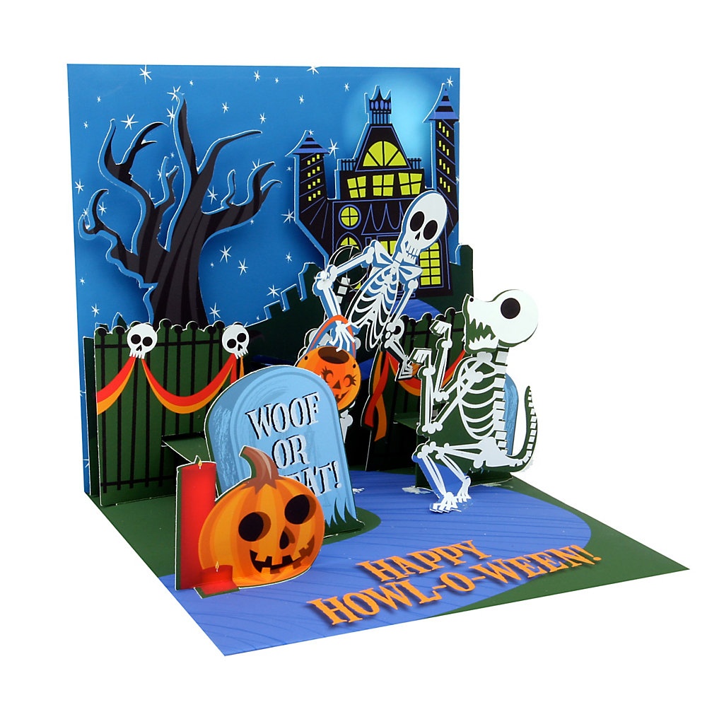 slide 1 of 1, Up With Paper Halloween Pop-Up Greeting Card With Envelope, Half Fold, 5-1/4'' X 5-1/4'', Skeletons, Message Inside, 1 ct