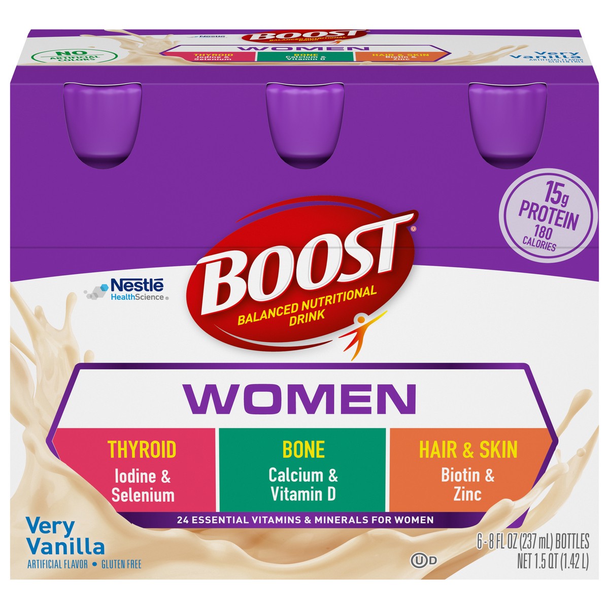 slide 1 of 9, BOOST Women Nutritional Protein Drink Shakes with Biotin and Zinc, Very Vanilla, 8 fl oz, 6 Pack, 8 fl oz
