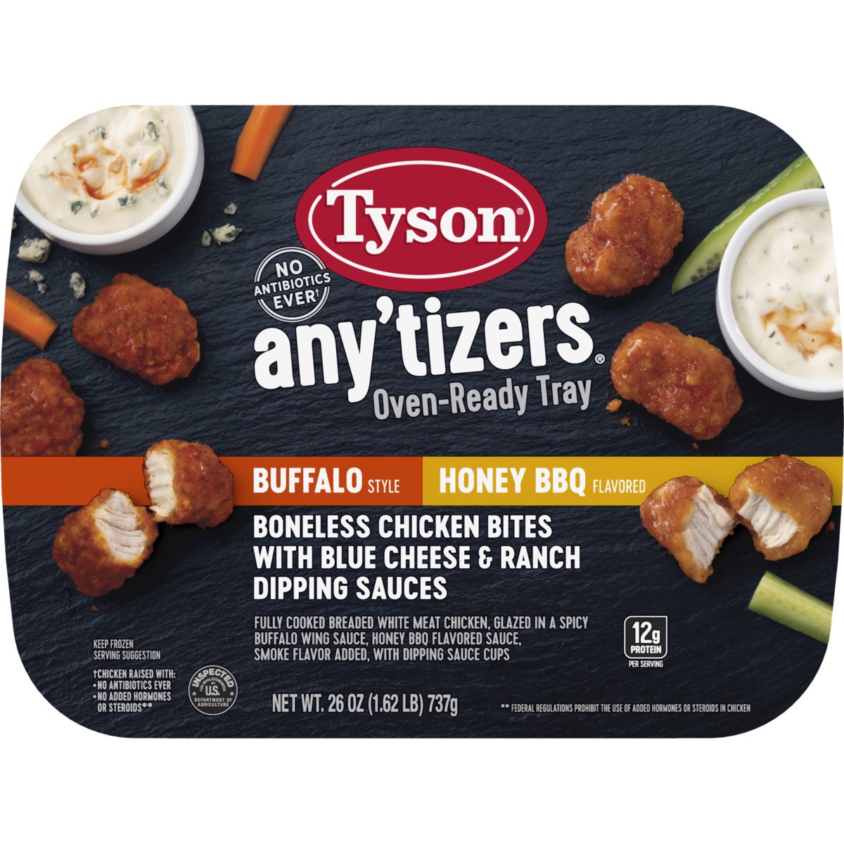 slide 2 of 9, TYSON ANYTIZERS Tyson Any'tizers Buffalo Style & Honey BBQ Boneless Chicken Bites in an Oven-Ready Tray (Frozen), 737.09 g