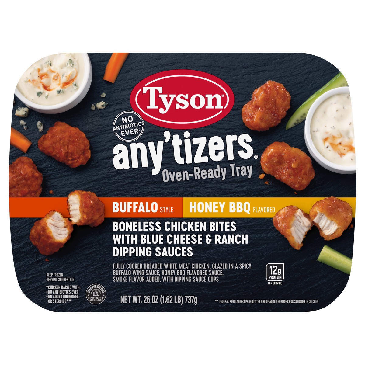 slide 3 of 9, TYSON ANYTIZERS Tyson Any'tizers Buffalo Style & Honey BBQ Boneless Chicken Bites in an Oven-Ready Tray (Frozen), 737.09 g