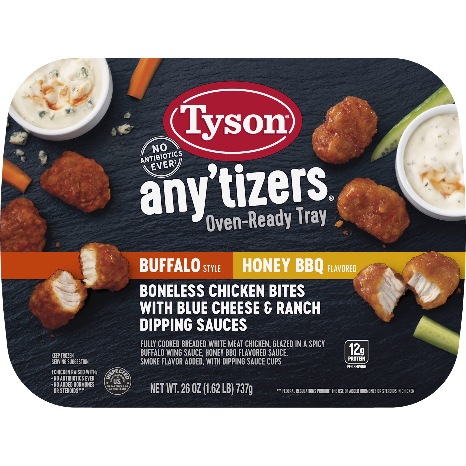 slide 1 of 9, TYSON ANYTIZERS Tyson Any'tizers Buffalo Style & Honey BBQ Boneless Chicken Bites in an Oven-Ready Tray (Frozen), 737.09 g