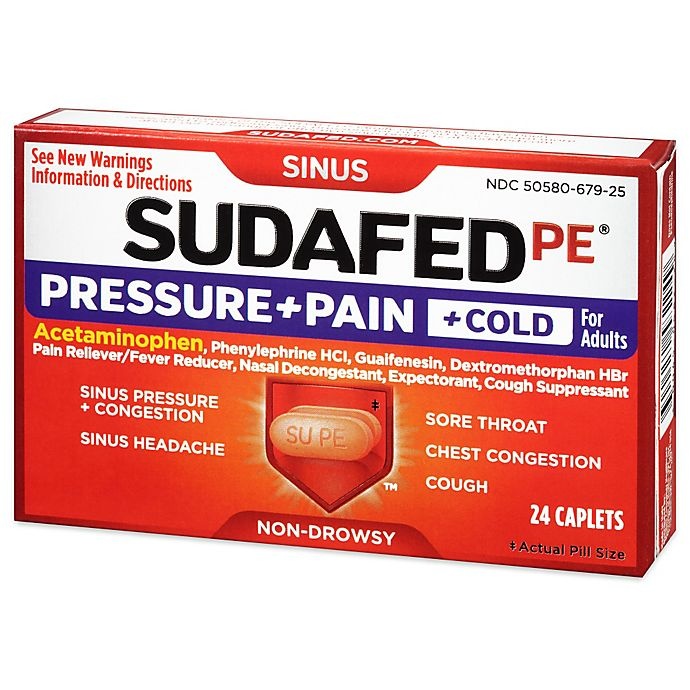 slide 3 of 4, Sudafed PE Head Congestion + Flu Severe Tablets with Acetaminophen, Dextromethorphan HBr, Guaifenesin & Phenylephrine HCl, Decongestant for Sinus Pressure, Pain, Congestion & Cough, 24 ct