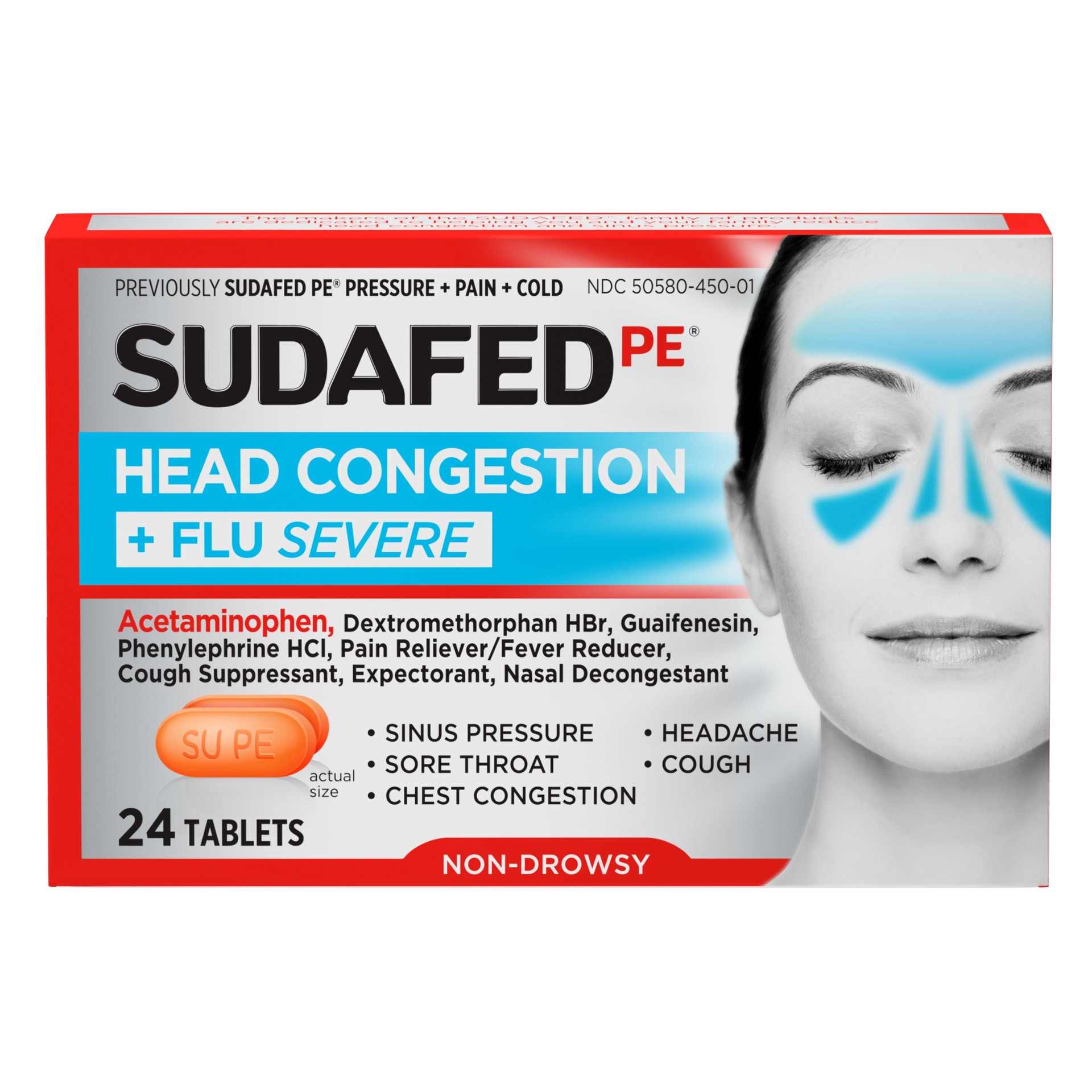 slide 1 of 10, Sudafed PE Head Congestion + Flu Severe Tablets with Acetaminophen, Dextromethorphan HBr, Guaifenesin & Phenylephrine HCl, Decongestant for Sinus Pressure, Pain, Congestion & Cough, 24 ct, 24 ct