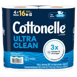 Cottonelle Ultra Clean Toilet Paper, Strong Toilet Tissue, 4 Mega Rolls (4 Mega Rolls = 16 Regular Rolls), 284 Sheets Per Roll