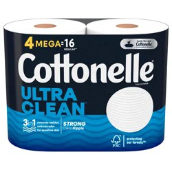 Cottonelle Ultra Clean Toilet Paper, Strong Toilet Tissue, 4 Mega Rolls (4 Mega Rolls = 16 Regular Rolls), 284 Sheets Per Roll