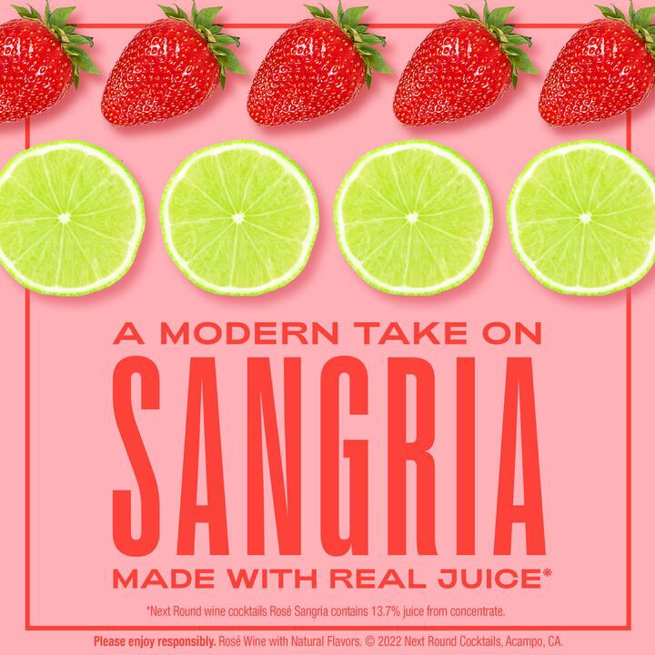 slide 5 of 5, Next Round Cocktails Strawberry Lime Sangria Rose Wine Premixed Cocktail, 1.5 L Box, 50.72 fl oz