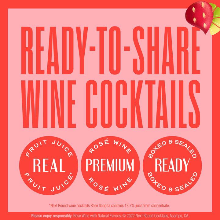 slide 3 of 5, Next Round Cocktails Strawberry Lime Sangria Rose Wine Premixed Cocktail, 1.5 L Box, 50.72 fl oz